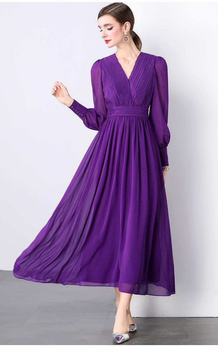 Lantern Sleeve Heat Set Pleated Bust Detailing V-Neck Chiffon Dress - 833281815952_PUR