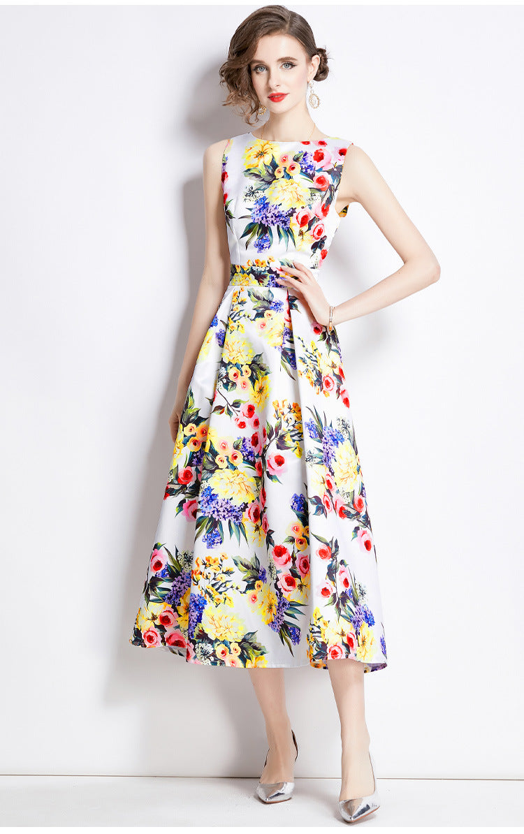 Sleeveless Boat Neck Fitted Vest Box Pleated Skirt Printed Satin Dress - 894#701