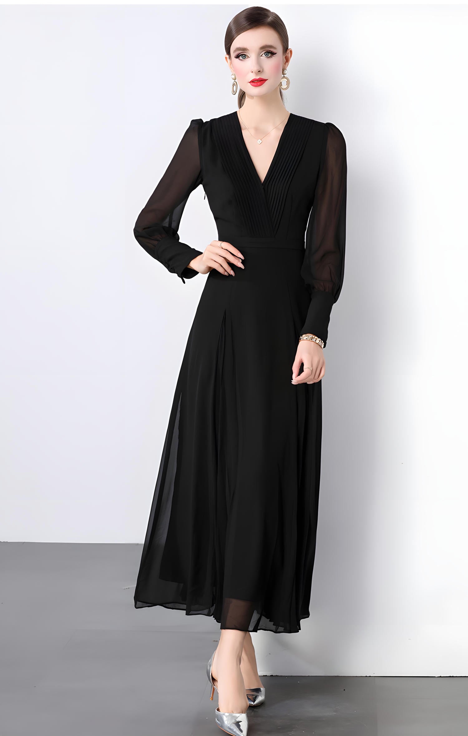 Lantern Sleeve Chiffon Dress with Pleated Bust and Box Pleat Skirt - 833900044434_BLA