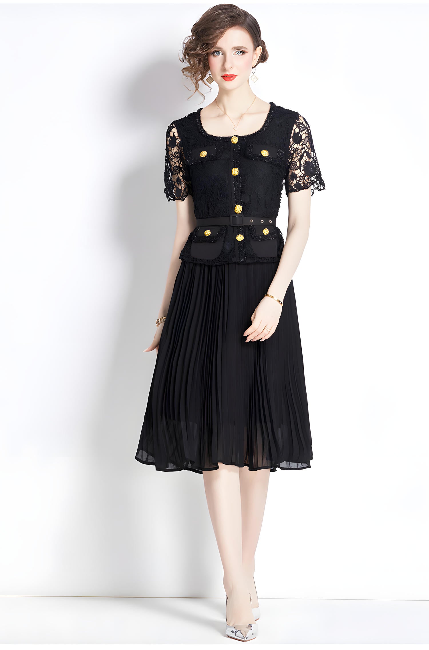 French Lace Jacket Top Pleated Skirt Black Dress With Belt - 781984834483_BAS
