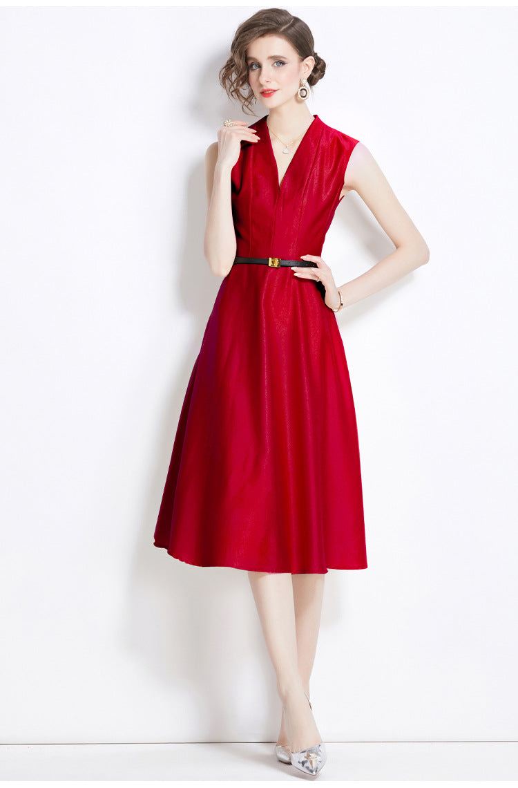 Sleeveless Halter Neck Fitted Vest Satin Solid Scarlet Dress With Belt - 5801#701_RED