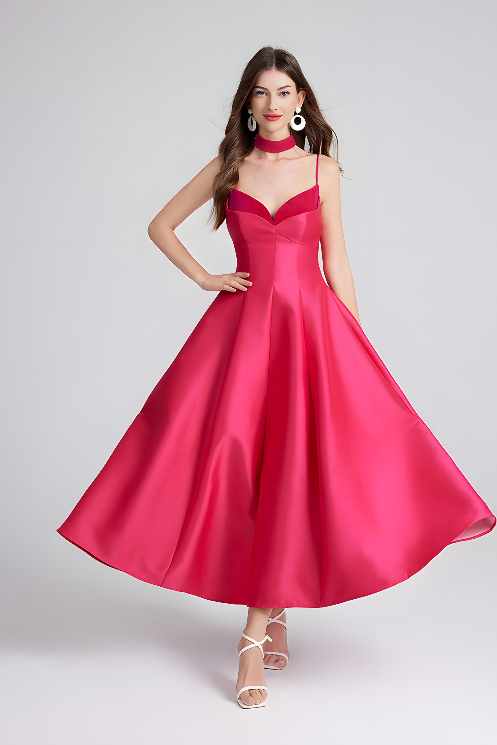 Sweetheart Neckline Rose Red Satin Party Dress with a Hepburn-Style Skirt Fitted Bodice and Neck Band - 800116697016_ROS