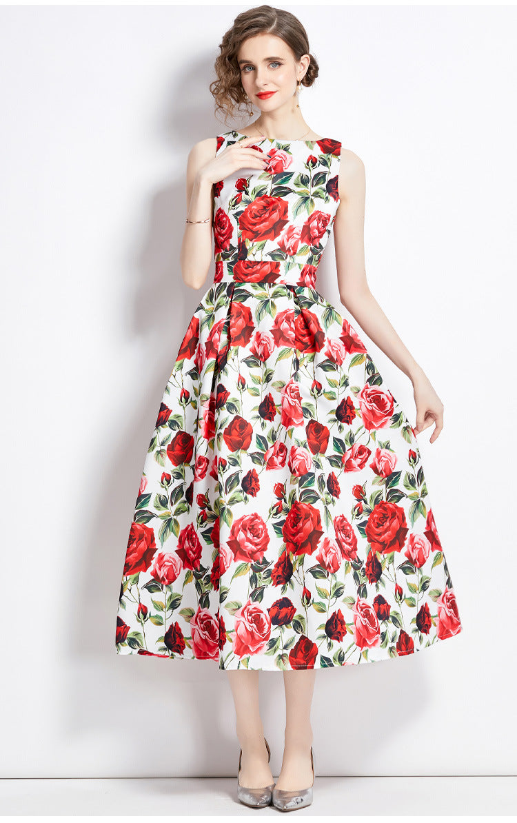 Sleeveless Boat Neck Fitted Vest Box Pleated Skirt Printed Satin Dress - 9054#701_BAS