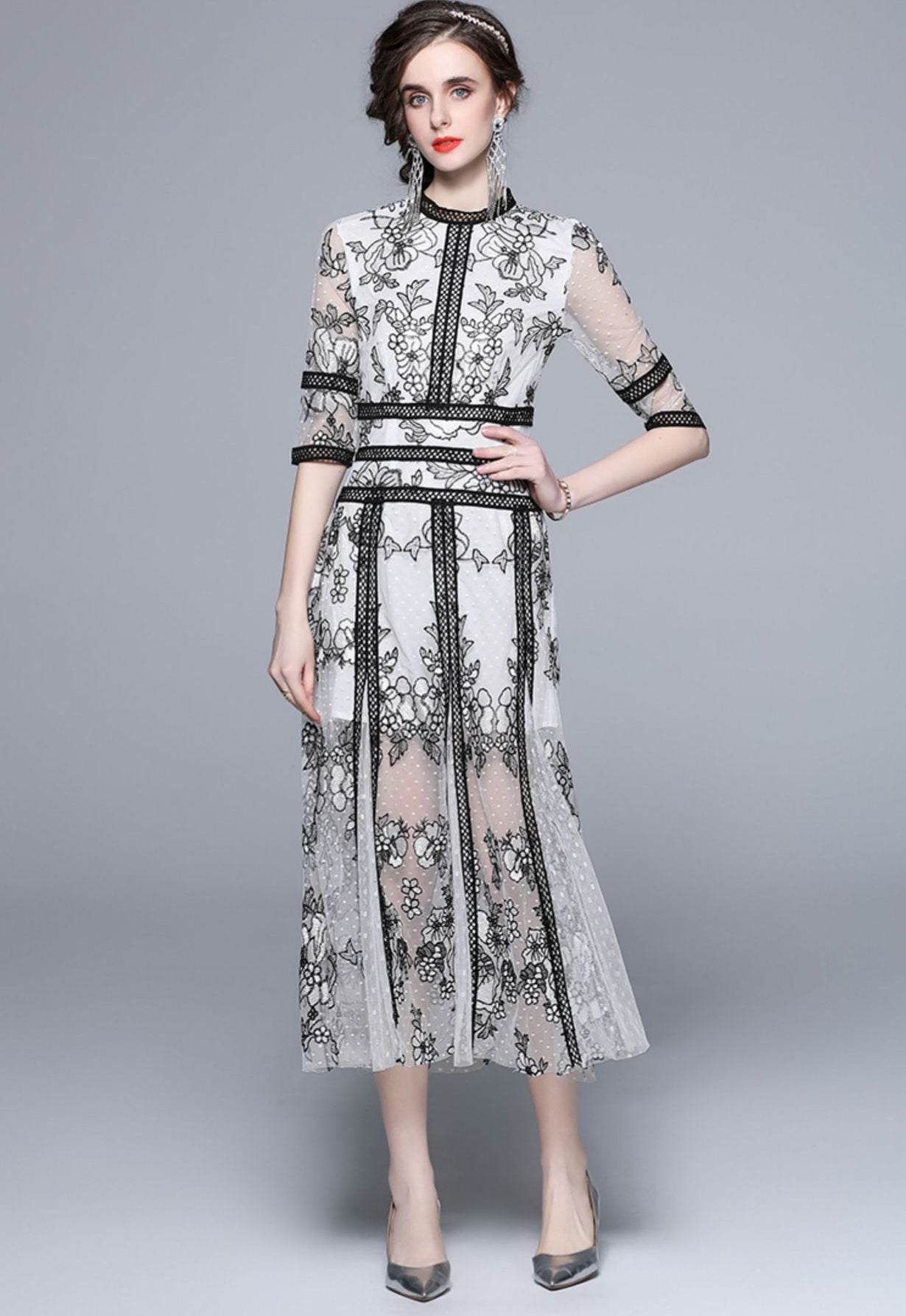 Embroidered Polka Dot Mesh and Lace White Black Dress  - 833884552896_BAS