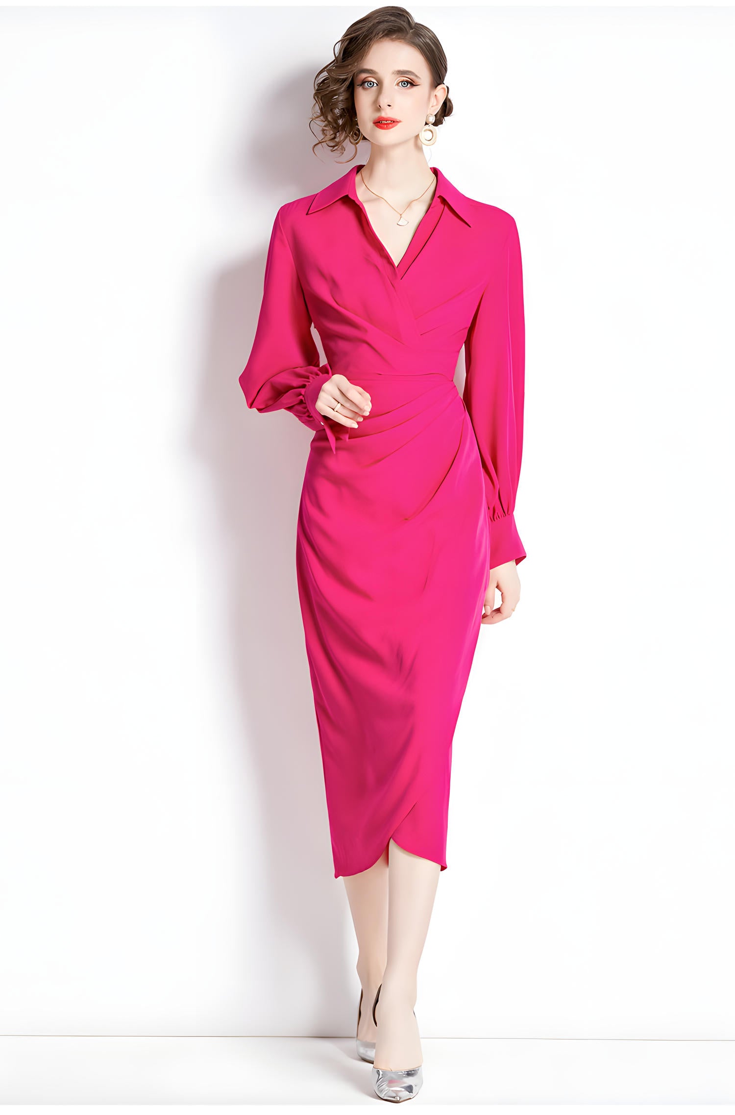 Full Sleeve Broad Cuffs Lapel Shirt Body-fit Dress - 755116865259_ROS
