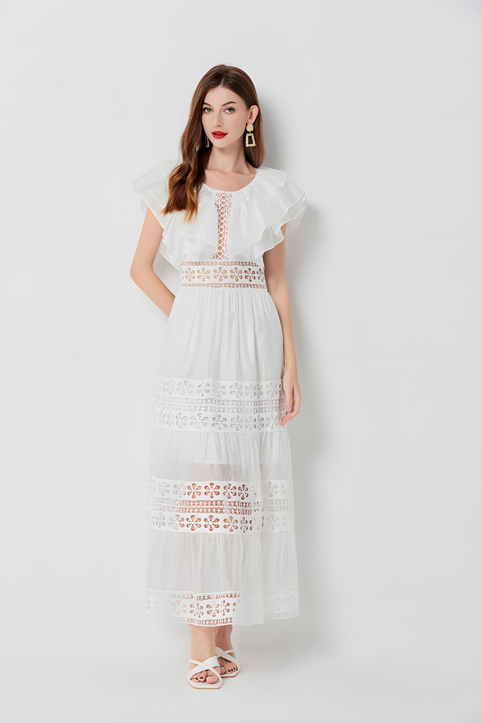 Summer Seaside Vacation French Lace White Long Dress - 812508106214_BAS
