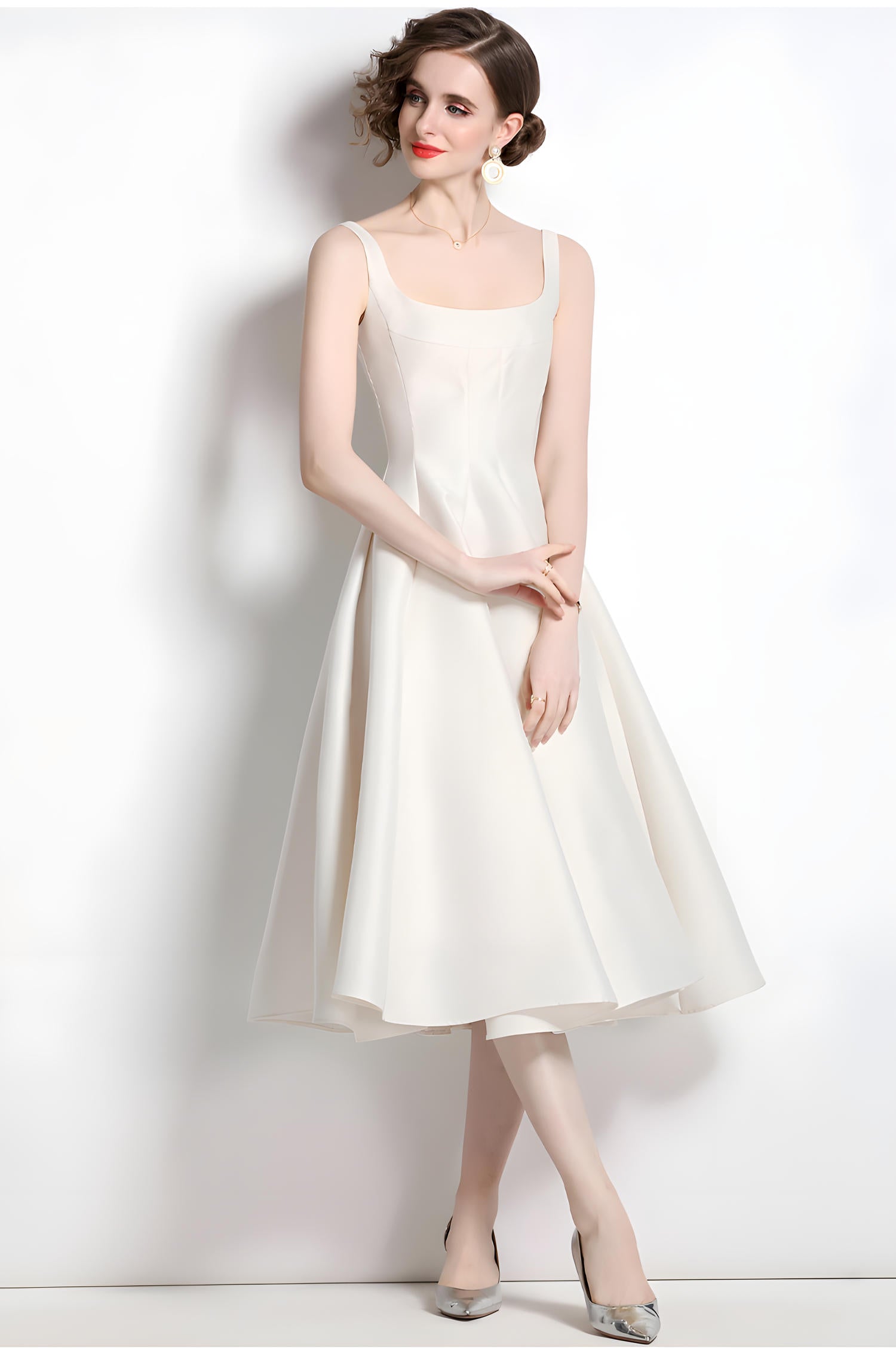 Retro Style Hepburn Skirt Fitted Vest Suspender White Satin Dress - 709210134751_BAS