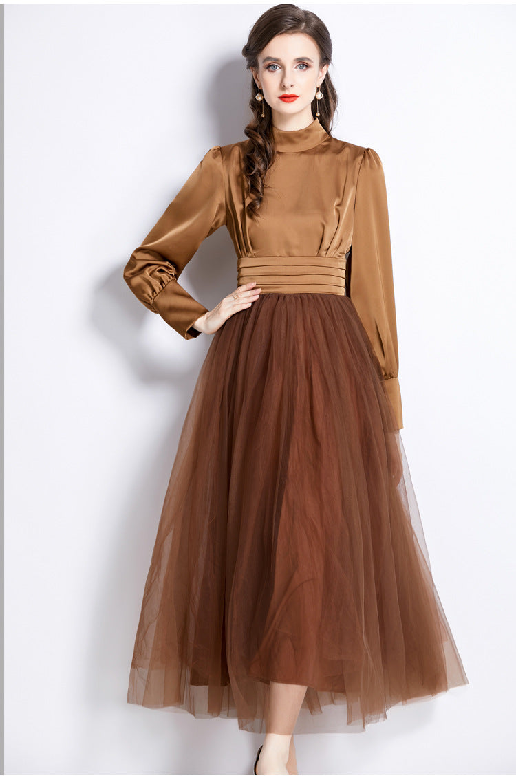Stand Collar Pleated Vest Satin Blouse Mesh Skirt One Piece Russet Color Dress - 742117387610_BAS