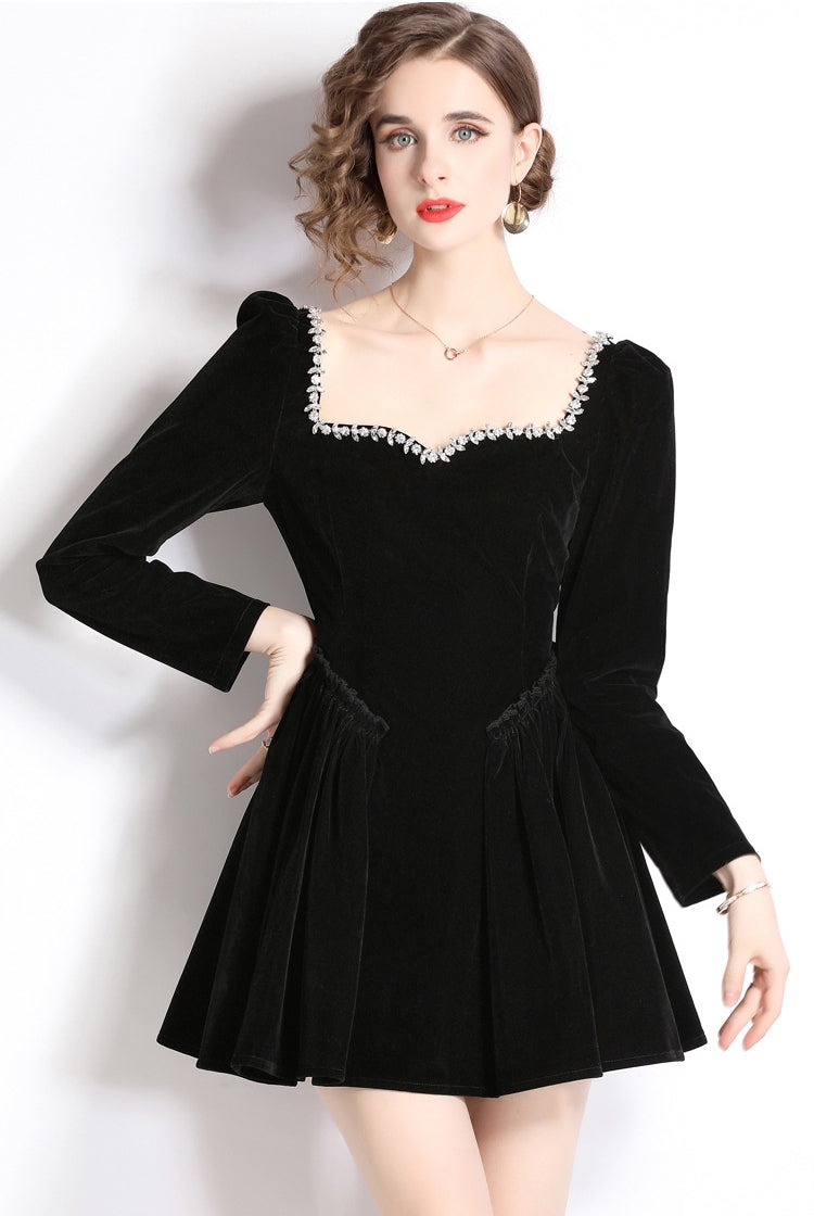 Black Short Velvet Dress With Ruched Waist And Jewelled Sweetheart Neckline - 735628352228_BLA