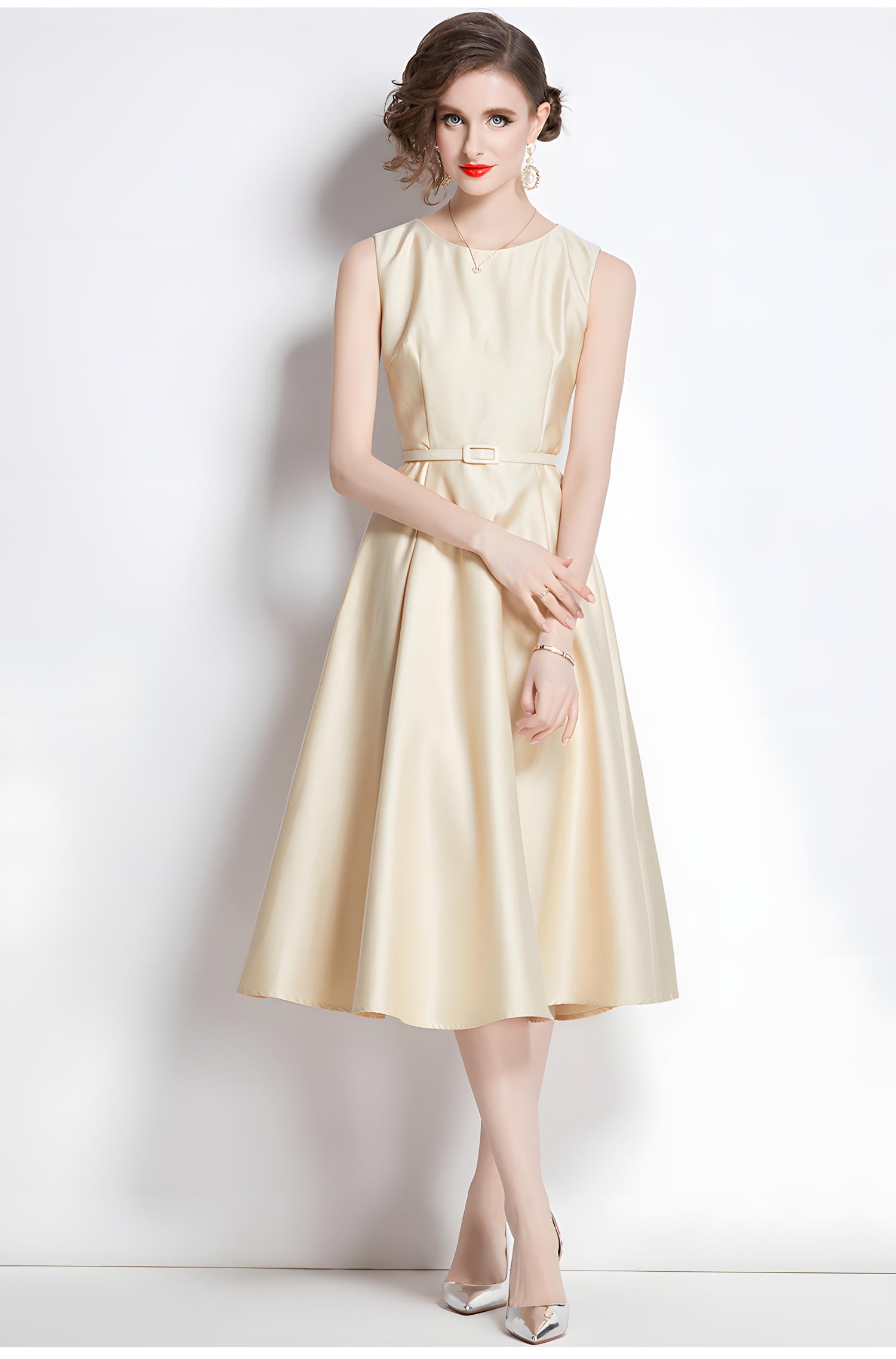 Princess Line Fitted Vest Apricot Sleeveless Satin Dress - 764153345733_BAS