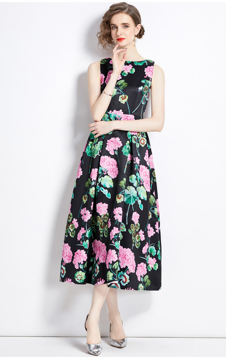 Sleeveless Boat Neck Fitted Vest Box Pleated Skirt Printed Satin Dress - 9055#701_BAS
