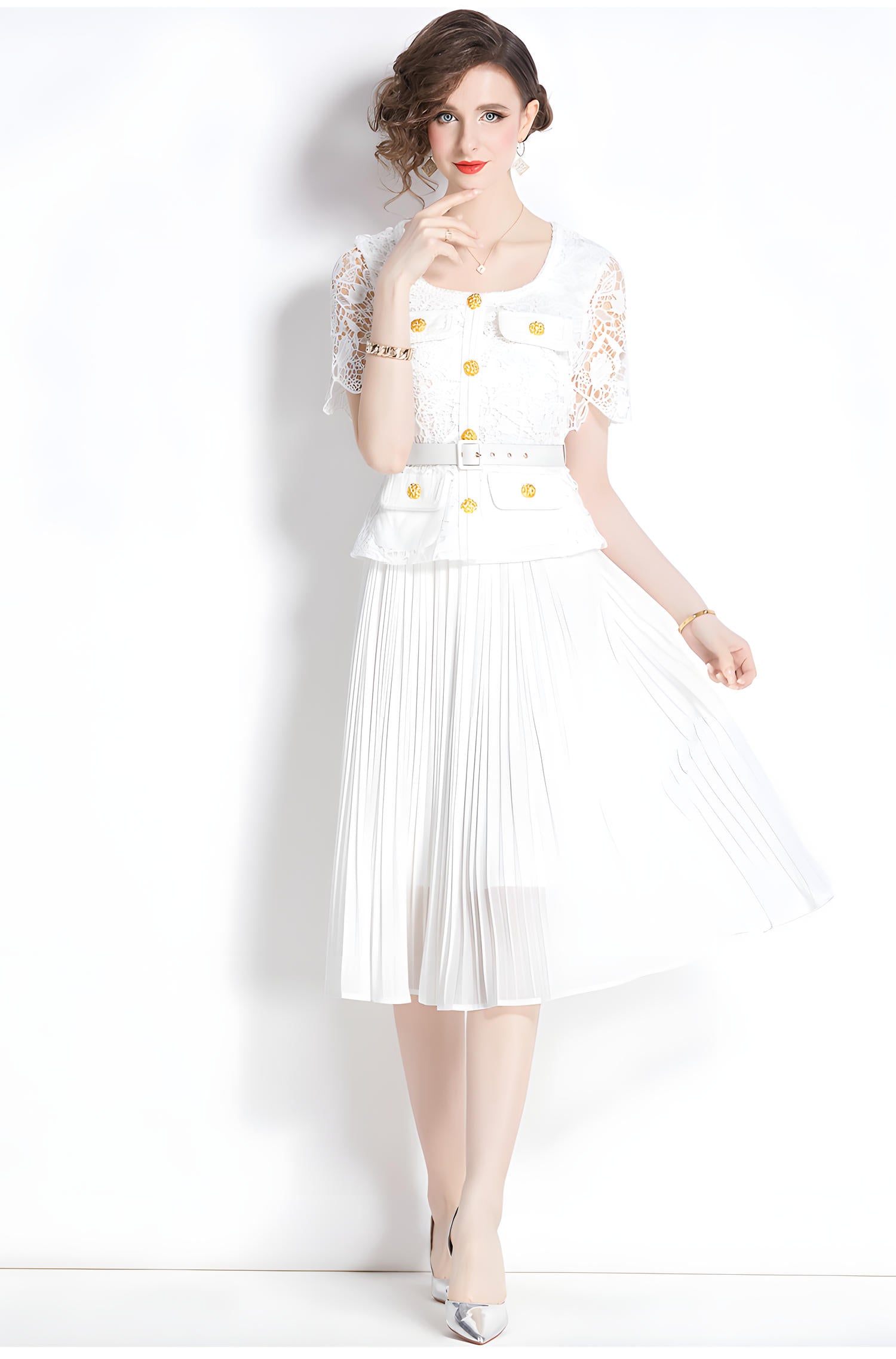 French Lace Jacket Top Pleated Skirt White Dress With Belt - 782041769039_BAS