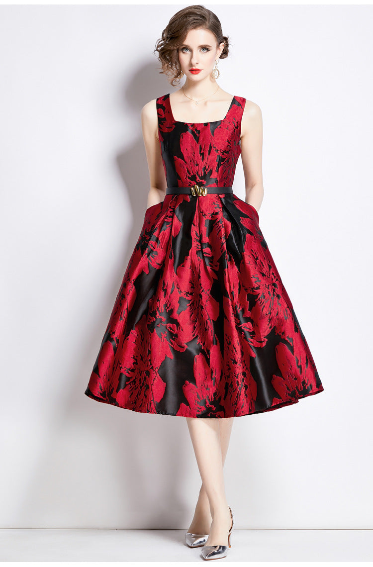 Women Sleeveless Square Neck Self Texture Jacquard Pleated Fitted Dress - 764053260724 (EOSS)