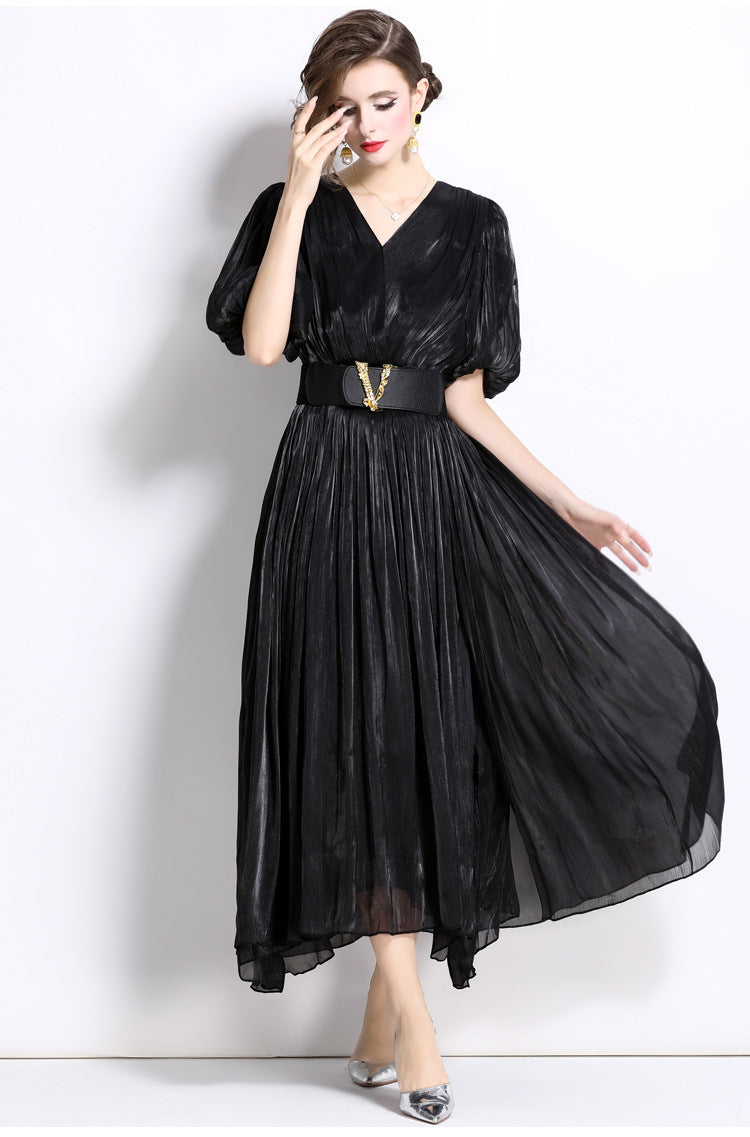 Glossy Pearlescent Chiffon Satin Fabric Lantern Sleeve Black Dress with Belt - 826775506420_BAS