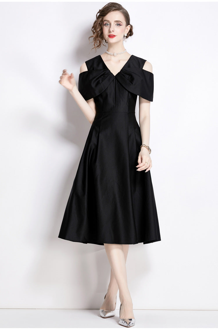 Off Shoulder V - Neck Fitted Vest Tucked Pleats Skirt Black Solid Satin Dress - NRJ-701A#1645_BLA