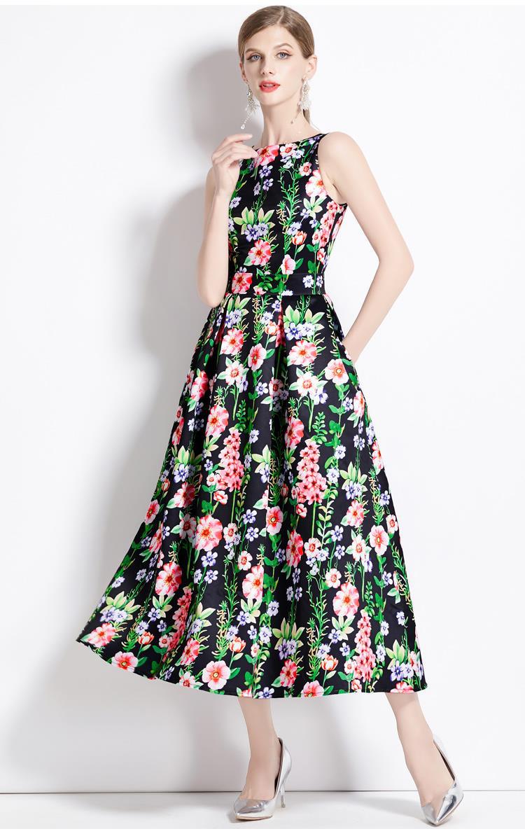 Sleeveless Boat Neck Fitted Vest Box Pleated Skirt Printed Satin Dress - 9080#701