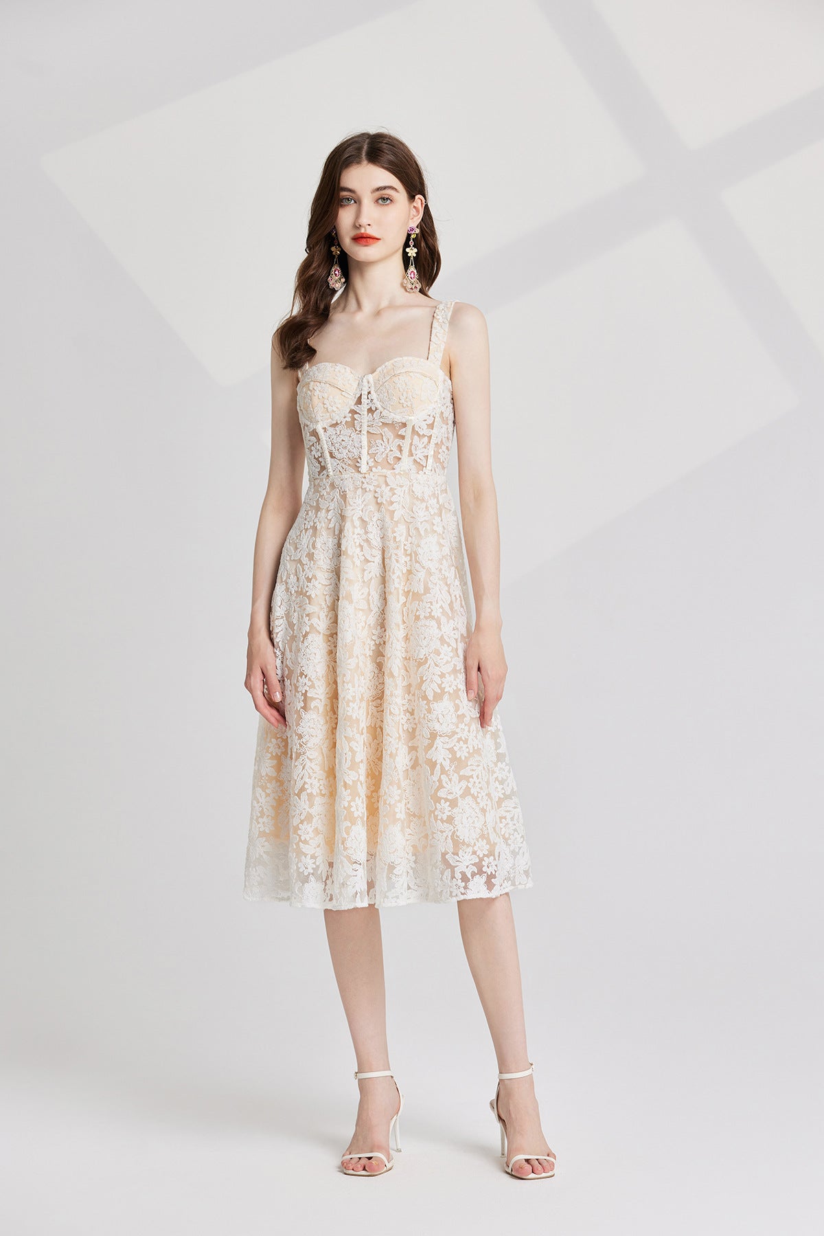 Ivory Lace Garden Dress with Heavy Embroidered Mesh Flocking and Corset Top - 821764686977_BEI (EOSS)