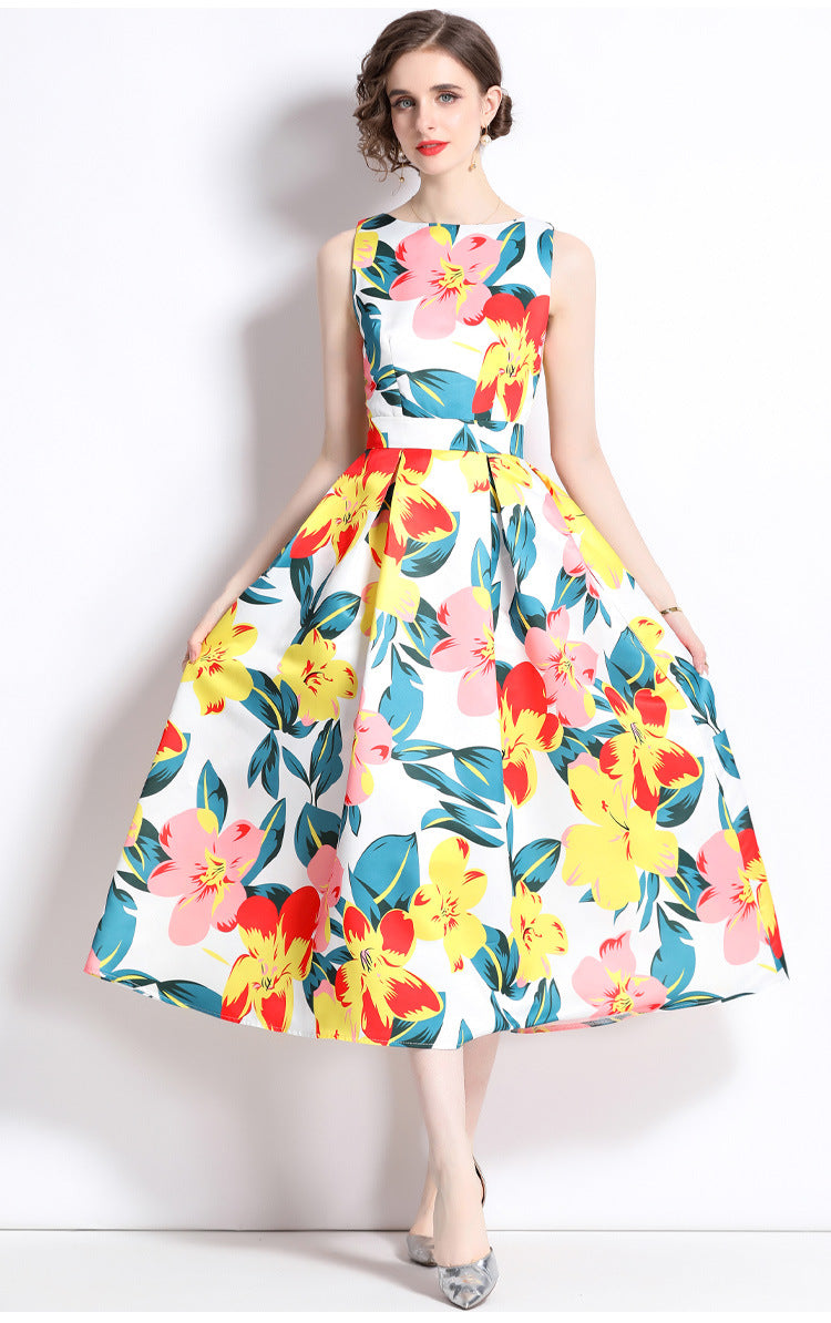 Sleeveless Boat Neck Fitted Vest Box Pleated Skirt Printed Satin Dress - 9069#701