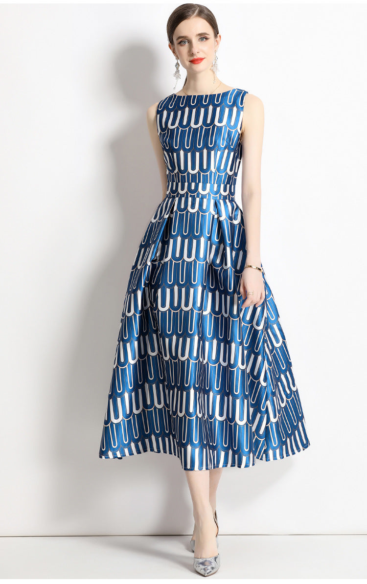 Sleeveless Boat Neck Fitted Vest Box Pleated Skirt Printed Satin Dress - 9015#701_BAS