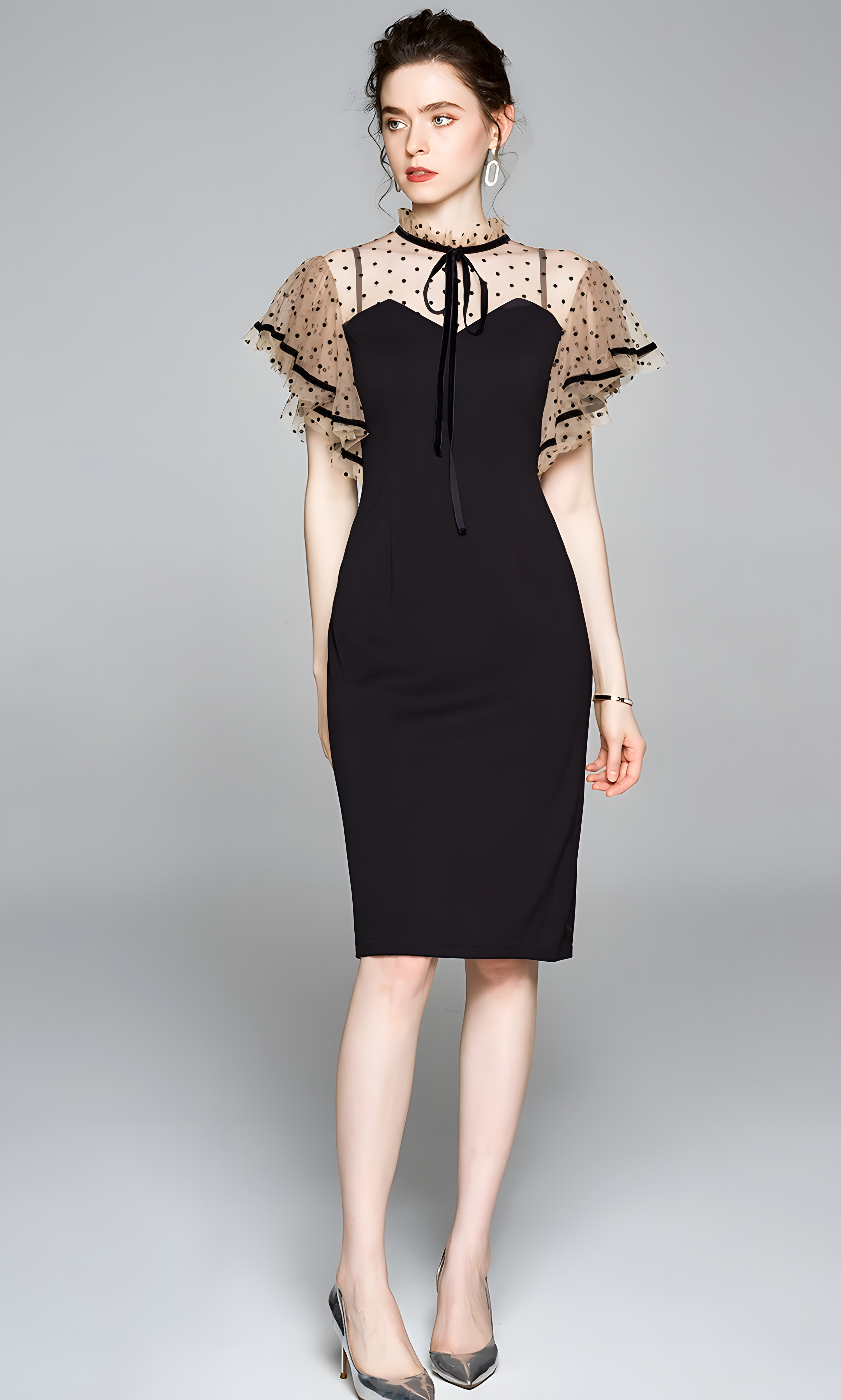 Butterfly Sleeve Satin Neck Bow Tie High Neck Polka Dot Mesh Black Sheath Dress - 618102369324_BAS
