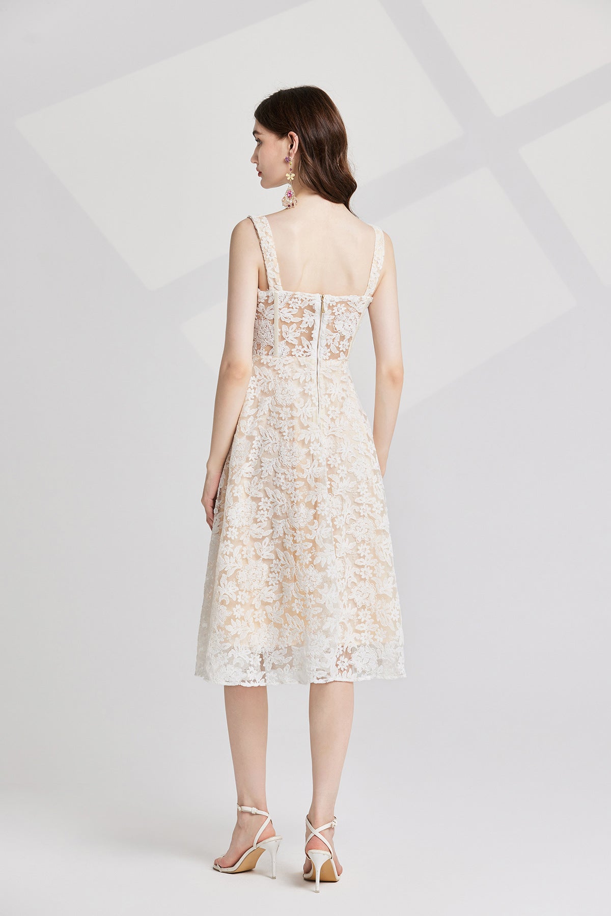 Ivory Lace Garden Dress with Heavy Embroidered Mesh Flocking and Corset Top - 821764686977_BEI (EOSS)