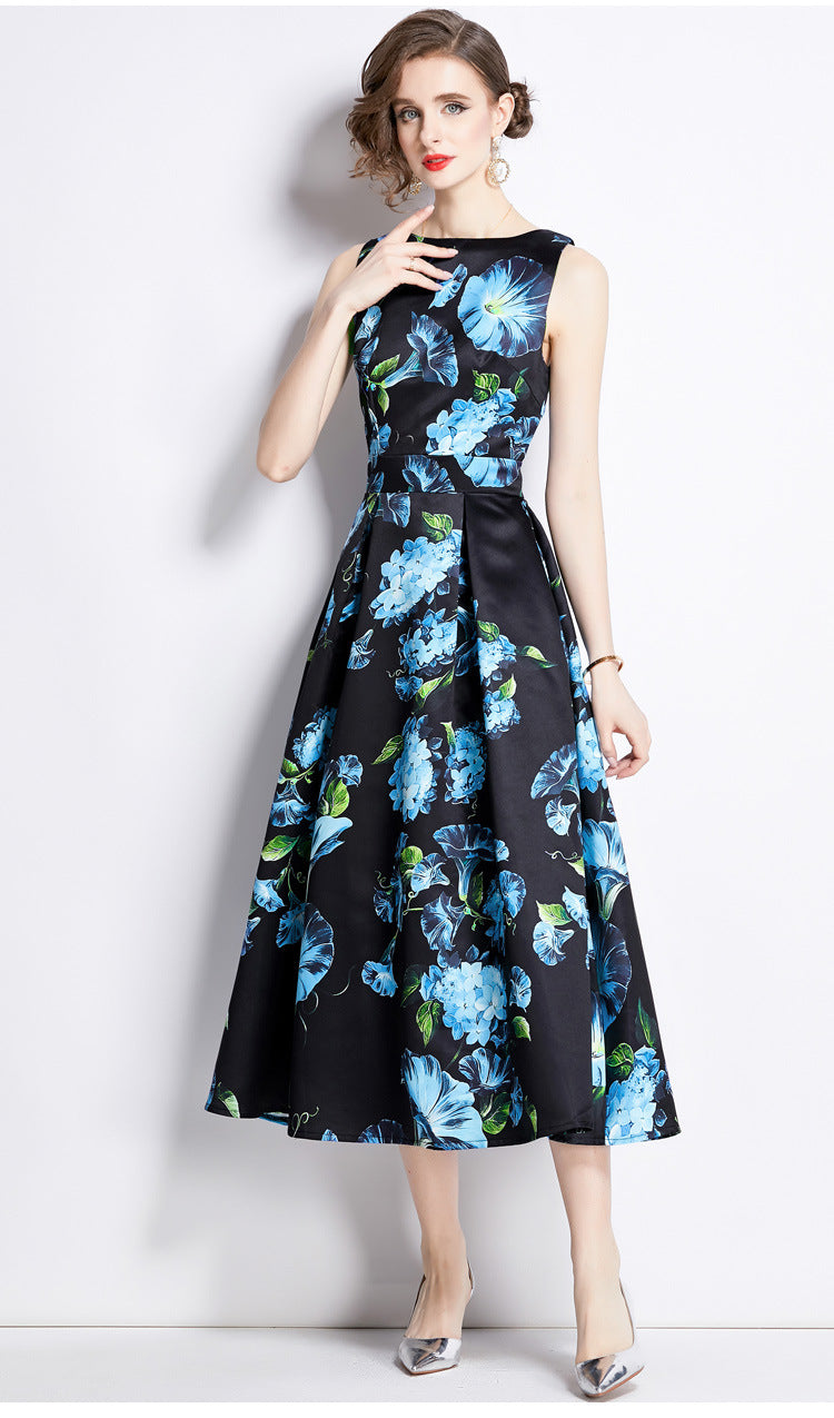 Sleeveless Boat Neck Fitted Vest Box Pleated Skirt Printed Satin Dress - 895#701