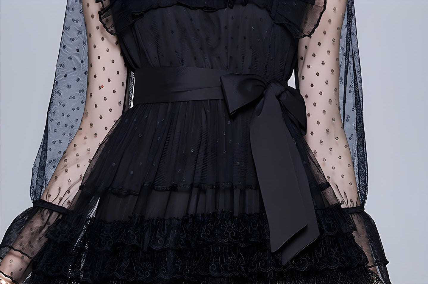 High Neck Polka Dot Mesh Multitier Skirt Elasticated Waist  Full Sleeve Black Dress With Satin Belt - 637810172088_BAS