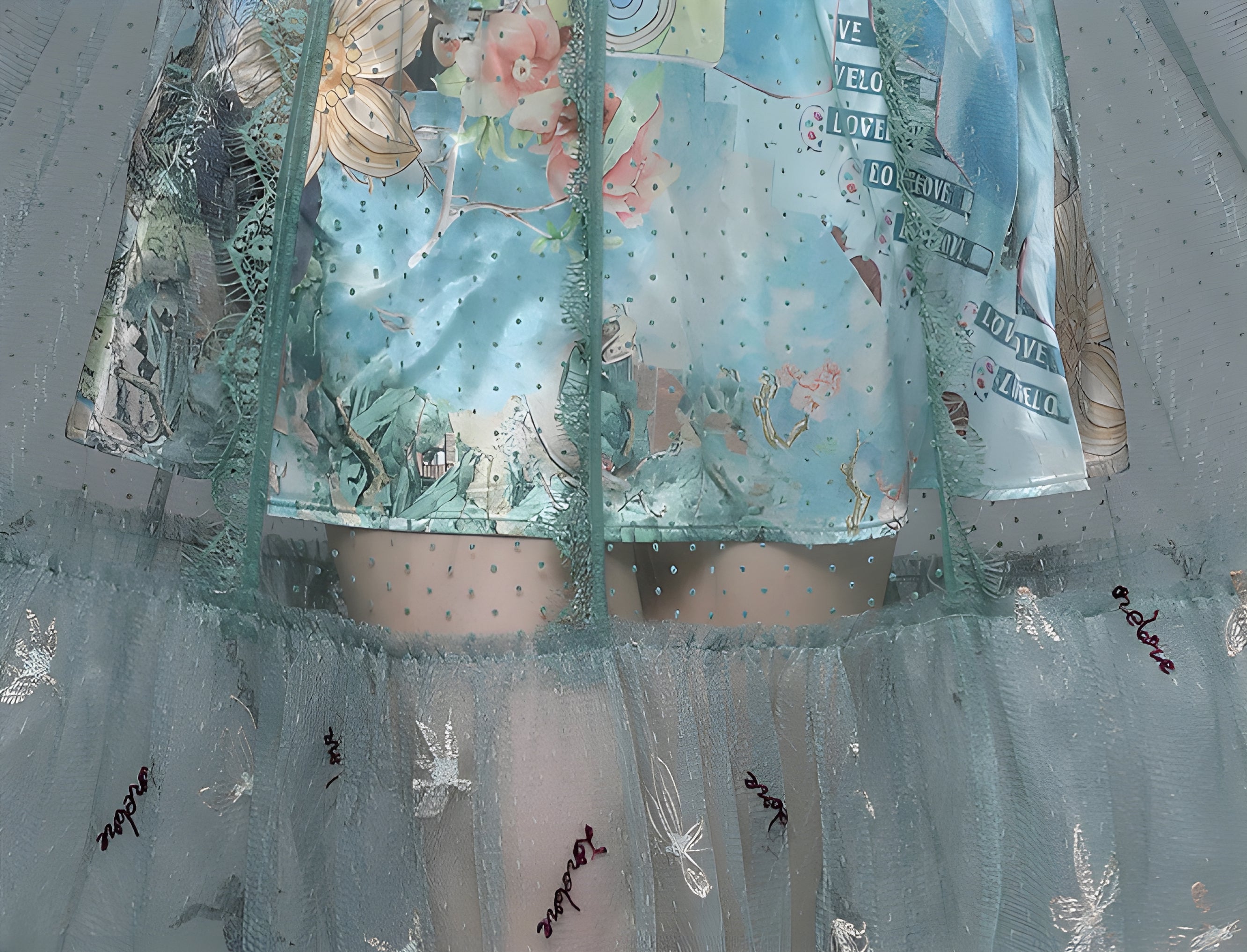 Luxury Silk Thread Embroidery Mesh and Lace Butterfly Sleeve Dress - 6994#616