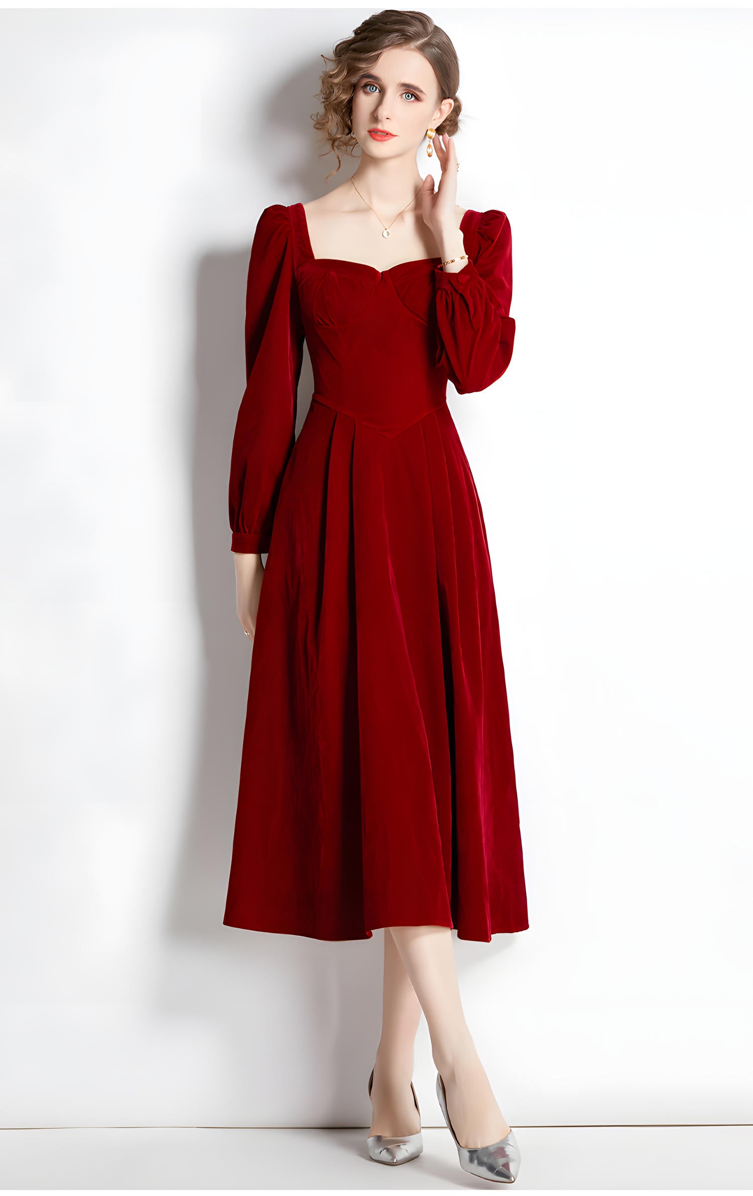 French Retro Sweetheart Neckline Corset Top Full Sleeves Pleated Skirt Velvet Scarlet Dress - 687113837683_SCA