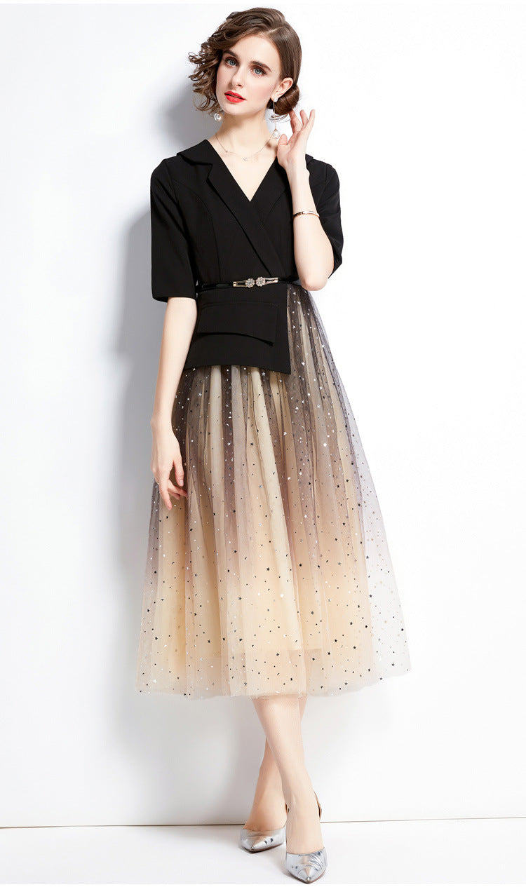 Sequin Mesh Skirt And Jacket Dress With Belt - 651839166381_BAS