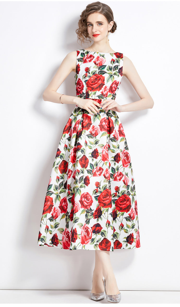 Sleeveless Boat Neck Fitted Vest Box Pleated Skirt Printed Satin Dress - 9054#701_BAS