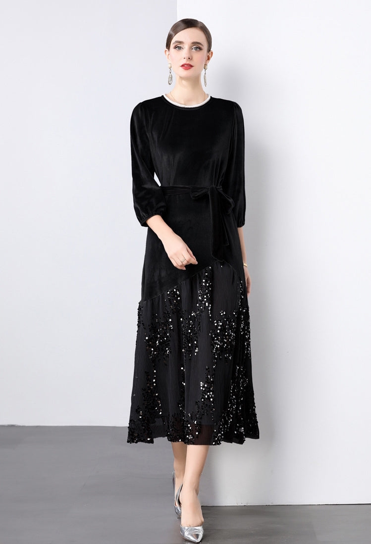 Velvet Mesh and Sequin Embellished Dress - 855932949530_BLACK