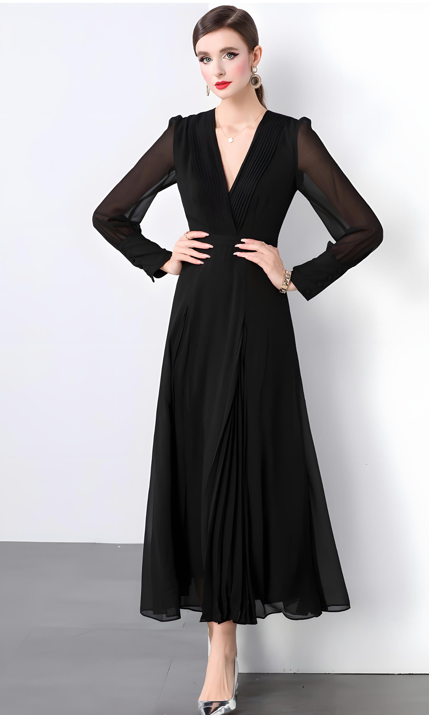 Lantern Sleeve Chiffon Dress with Pleated Bust and Box Pleat Skirt - 833900044434_BLA