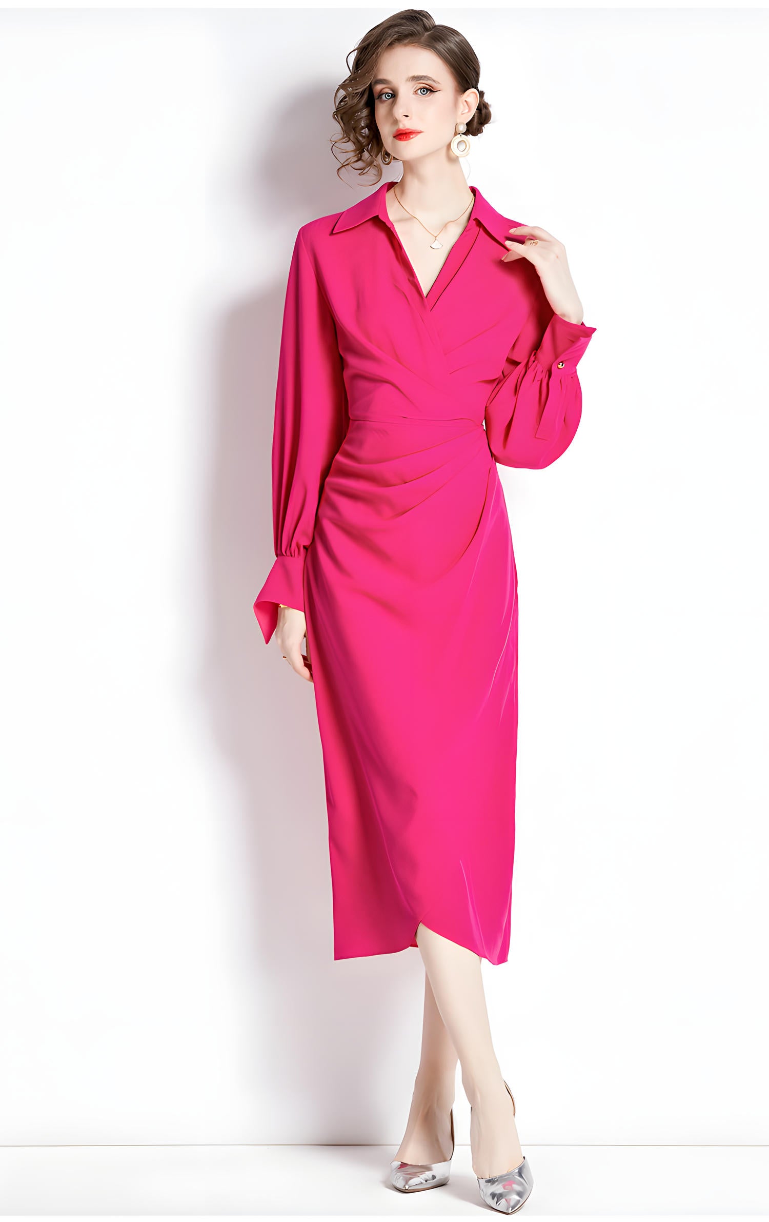 Full Sleeve Broad Cuffs Lapel Shirt Body-fit Dress - 755116865259_ROS