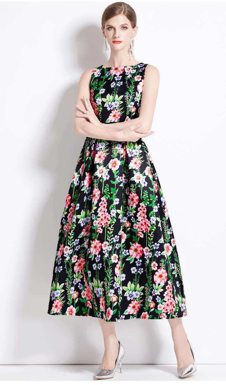 Sleeveless Boat Neck Fitted Vest Box Pleated Skirt Printed Satin Dress - 9080#701