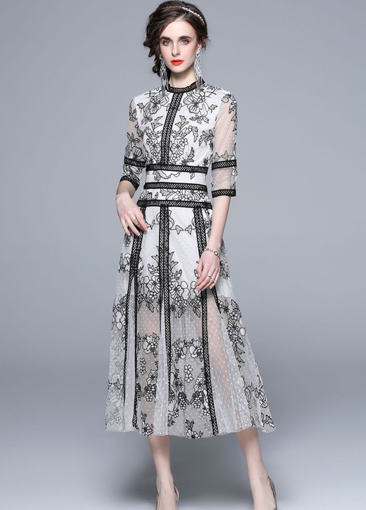 Embroidered Polka Dot Mesh and Lace White Black Dress  - 833884552896_BAS