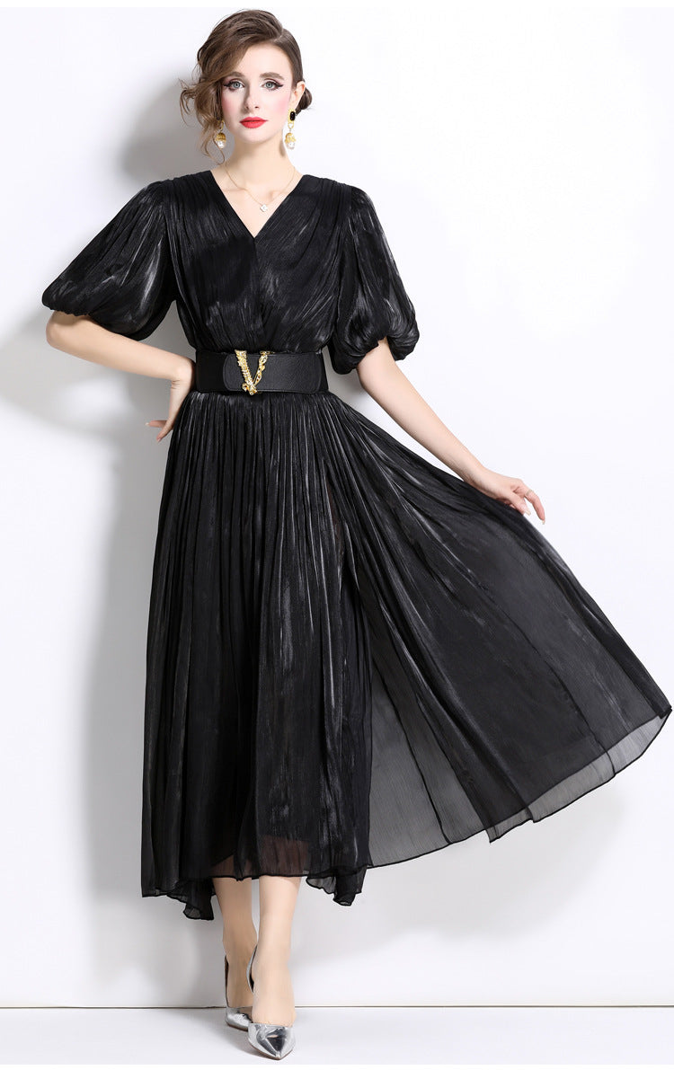 Glossy Pearlescent Chiffon Satin Fabric Lantern Sleeve Black Dress with Belt - 826775506420_BAS