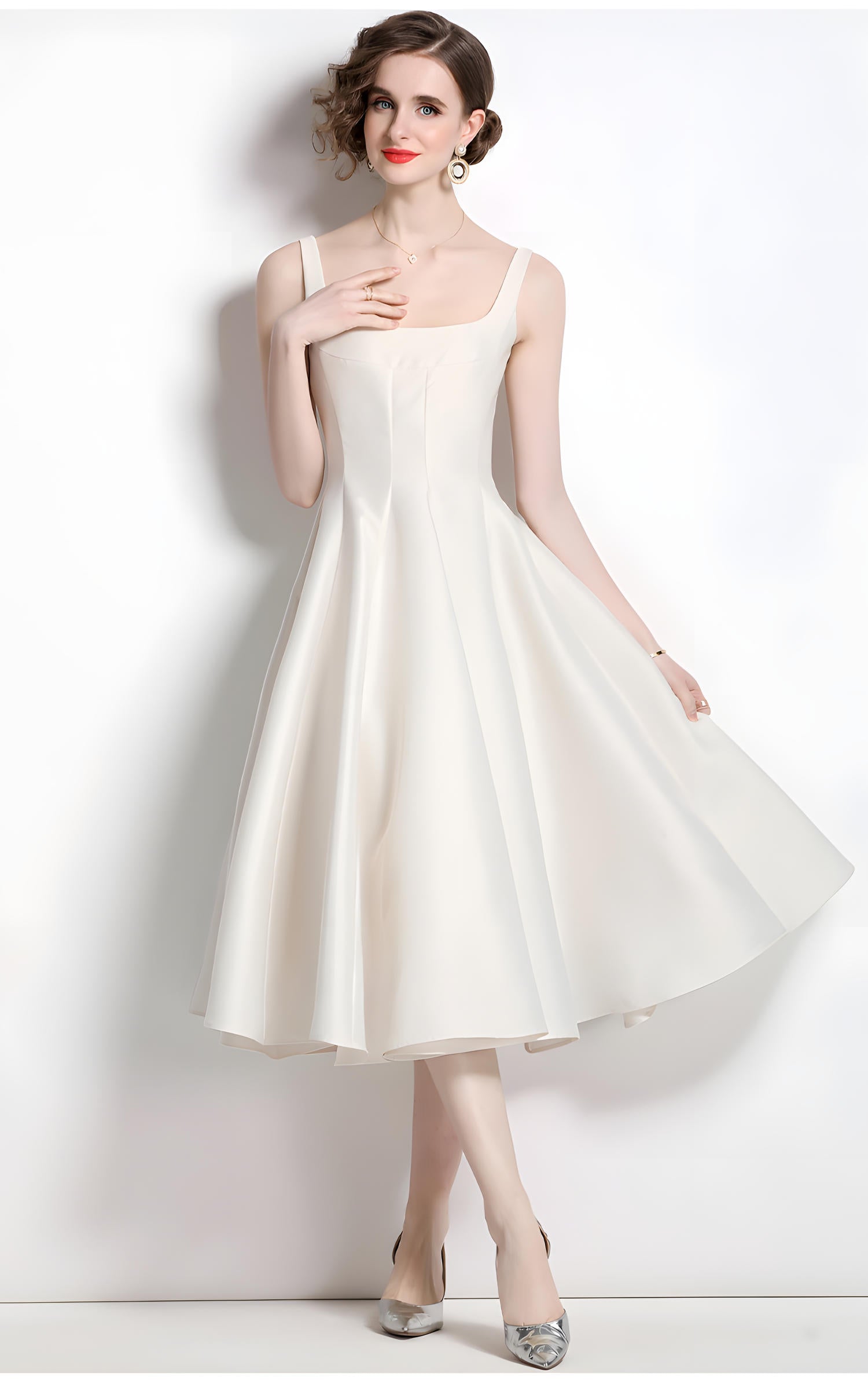 Retro Style Hepburn Skirt Fitted Vest Suspender White Satin Dress - 709210134751_BAS
