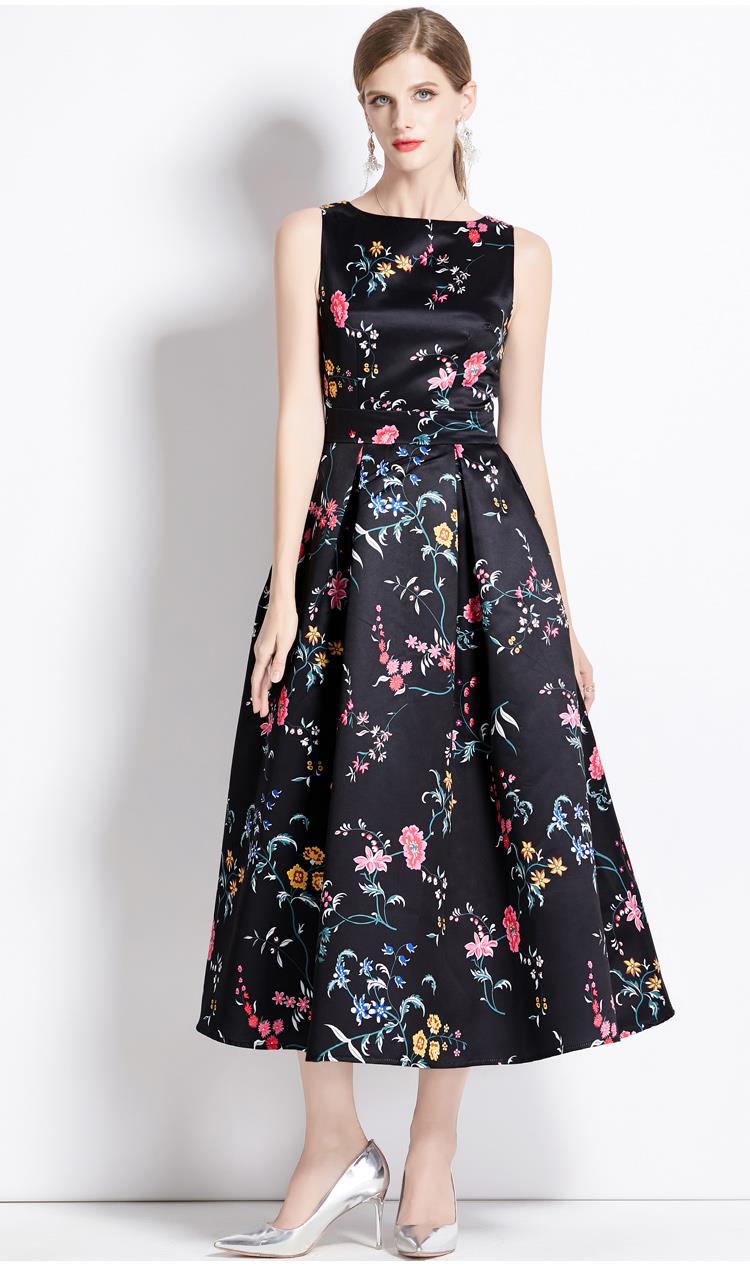 Sleeveless Boat Neck Fitted Vest Box Pleated Skirt Printed Satin Dress - 9088#701