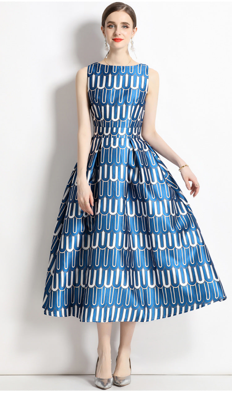 Sleeveless Boat Neck Fitted Vest Box Pleated Skirt Printed Satin Dress - 9015#701_BAS