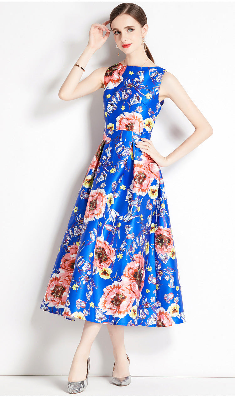 Sleeveless Boat Neck Fitted Vest Box Pleated Skirt Printed Satin Dress - 806#701_BAS
