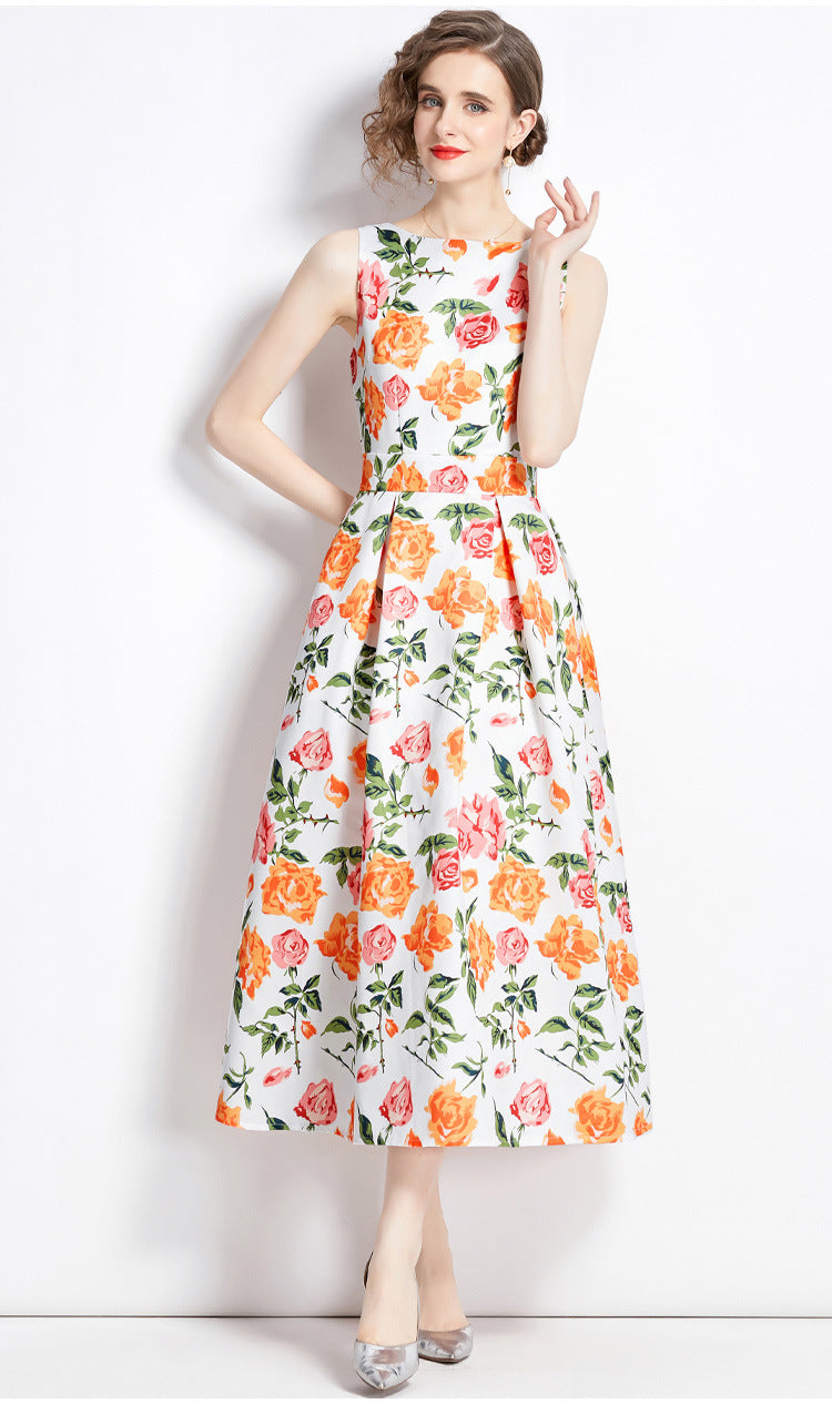 Sleeveless Boat Neck Fitted Vest Box Pleated Skirt Printed Satin Dress- 9053#701_BAS