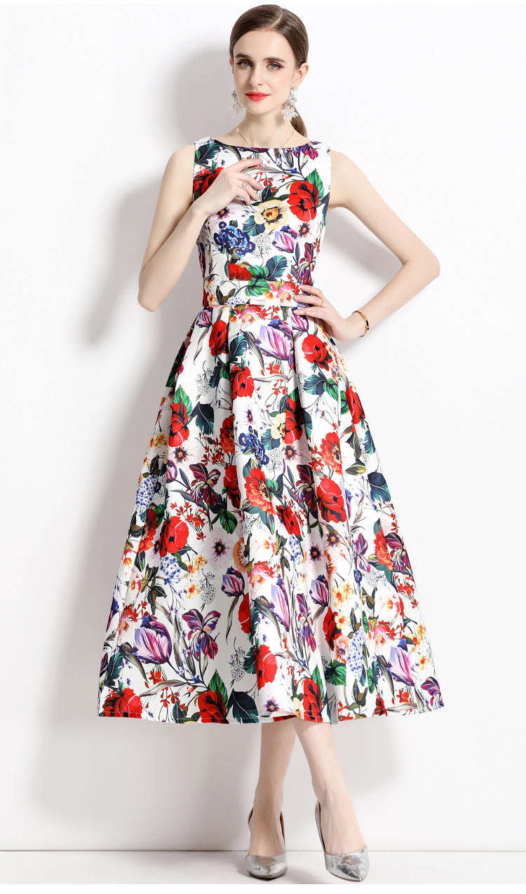 Sleeveless Boat Neck Fitted Vest Box Pleated Skirt Printed Satin Dress - 710550577474_BAS