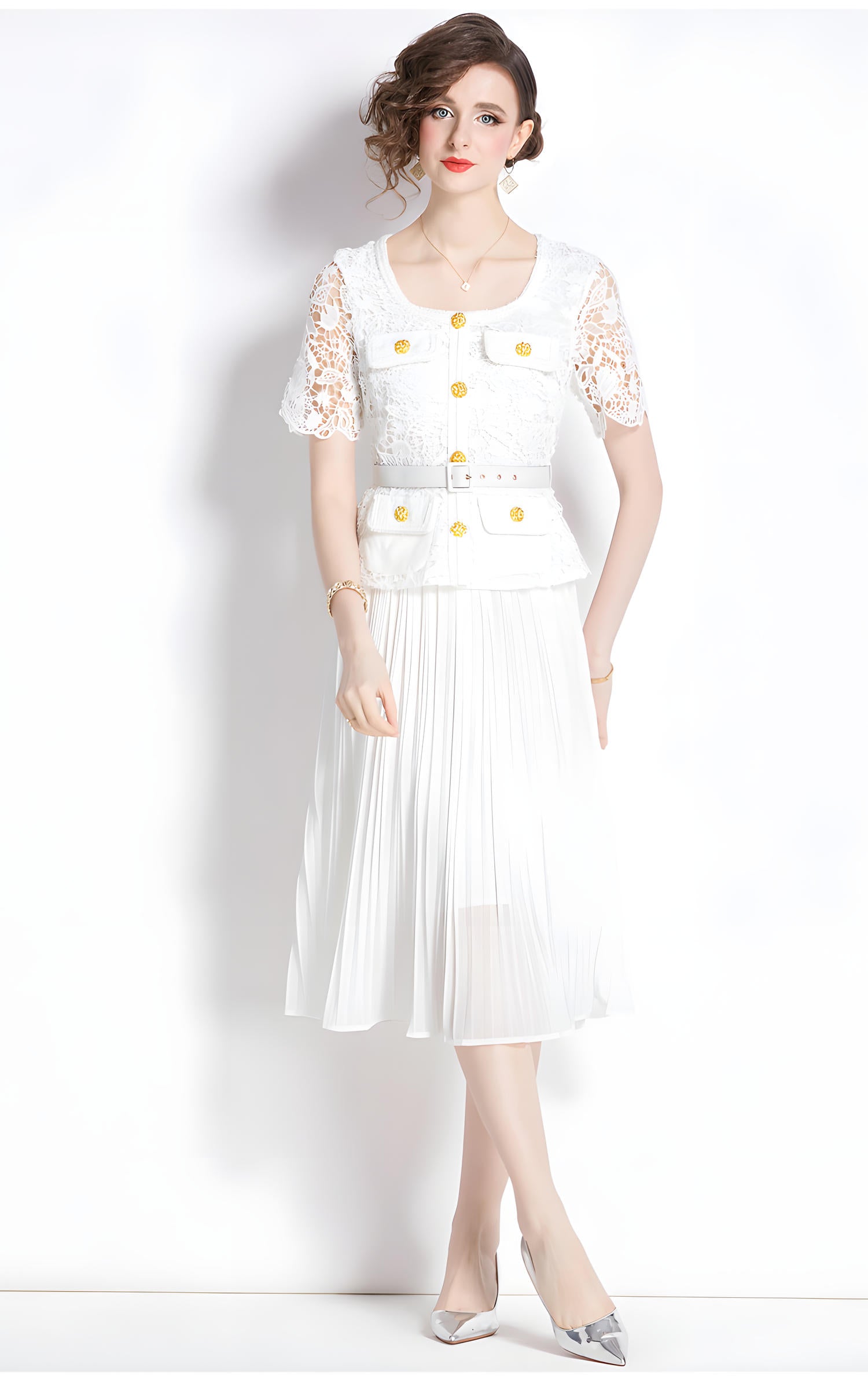 French Lace Jacket Top Pleated Skirt White Dress With Belt - 782041769039_BAS