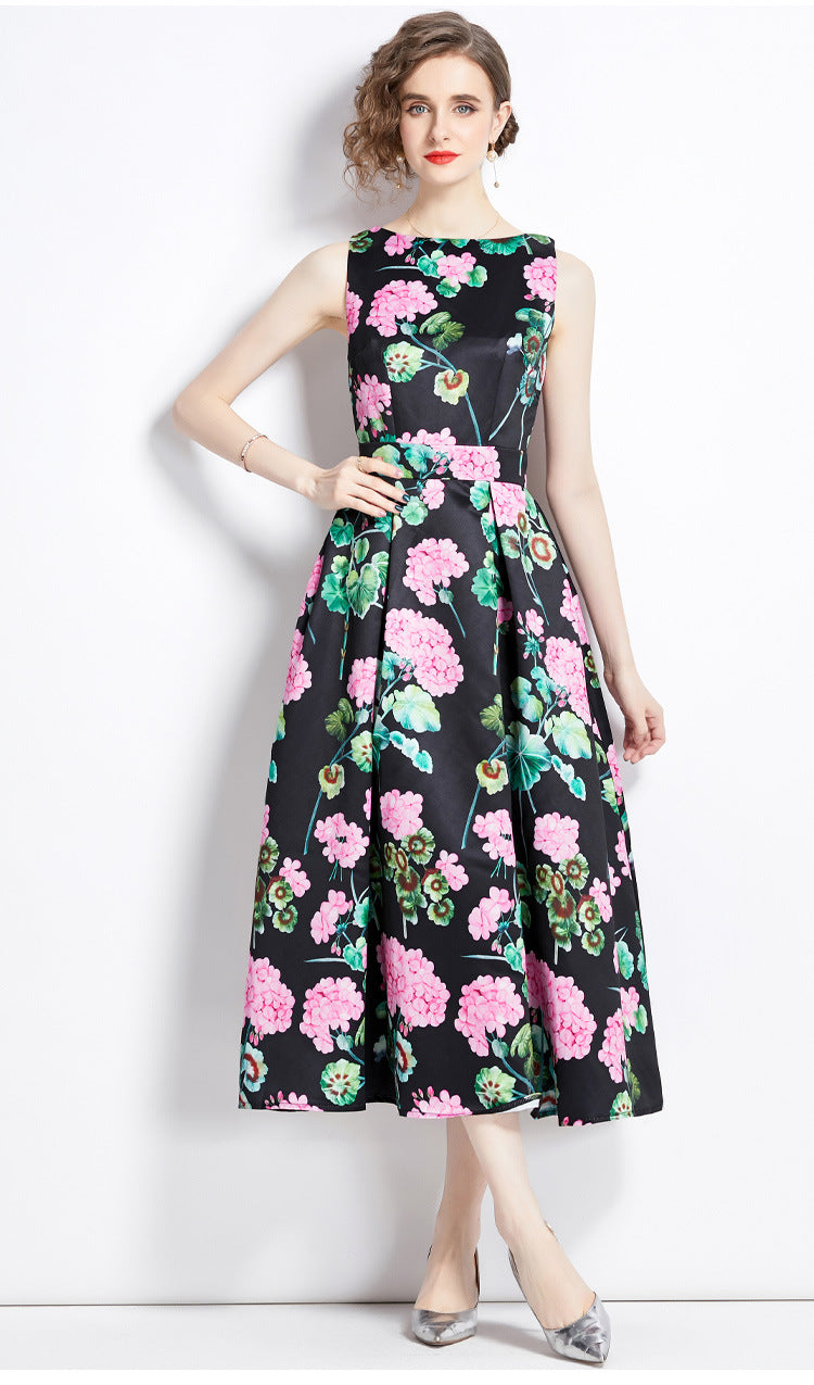 Sleeveless Boat Neck Fitted Vest Box Pleated Skirt Printed Satin Dress - 9055#701_BAS