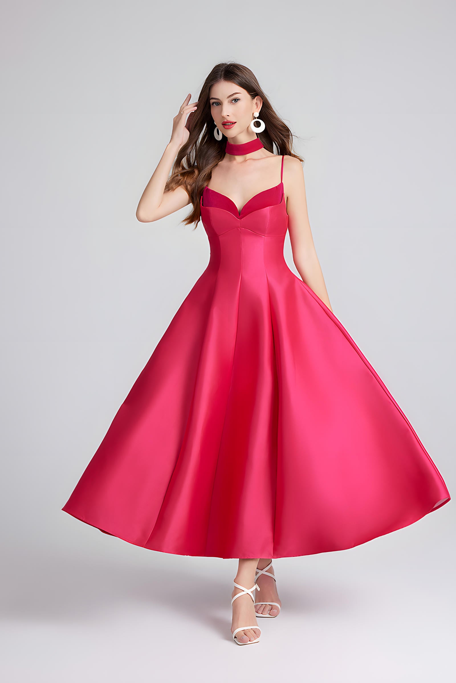 Sweetheart Neckline Rose Red Satin Party Dress with a Hepburn-Style Skirt Fitted Bodice and Neck Band - 800116697016_ROS