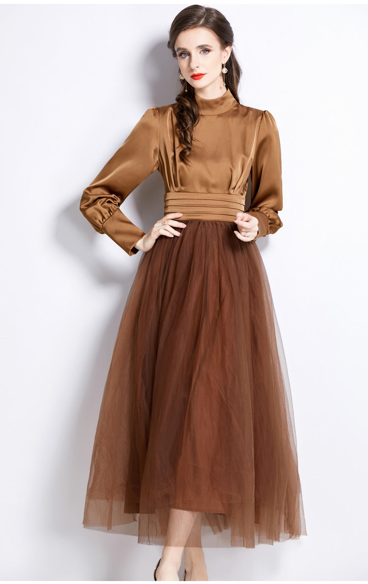 Stand Collar Pleated Vest Satin Blouse Mesh Skirt One Piece Russet Color Dress - 742117387610_BAS