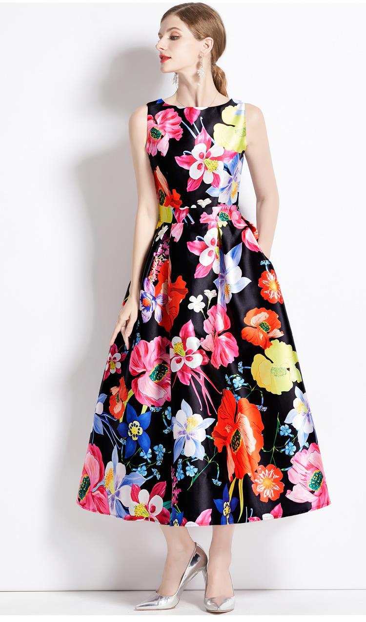 Sleeveless Boat Neck Fitted Vest Box Pleated Skirt Printed Satin Dress - 9084#701