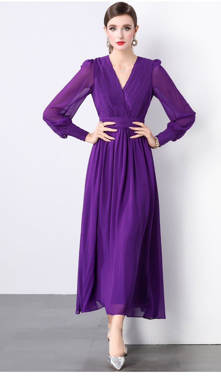 Lantern Sleeve Heat Set Pleated Bust Detailing V-Neck Chiffon Dress - 833281815952_PUR