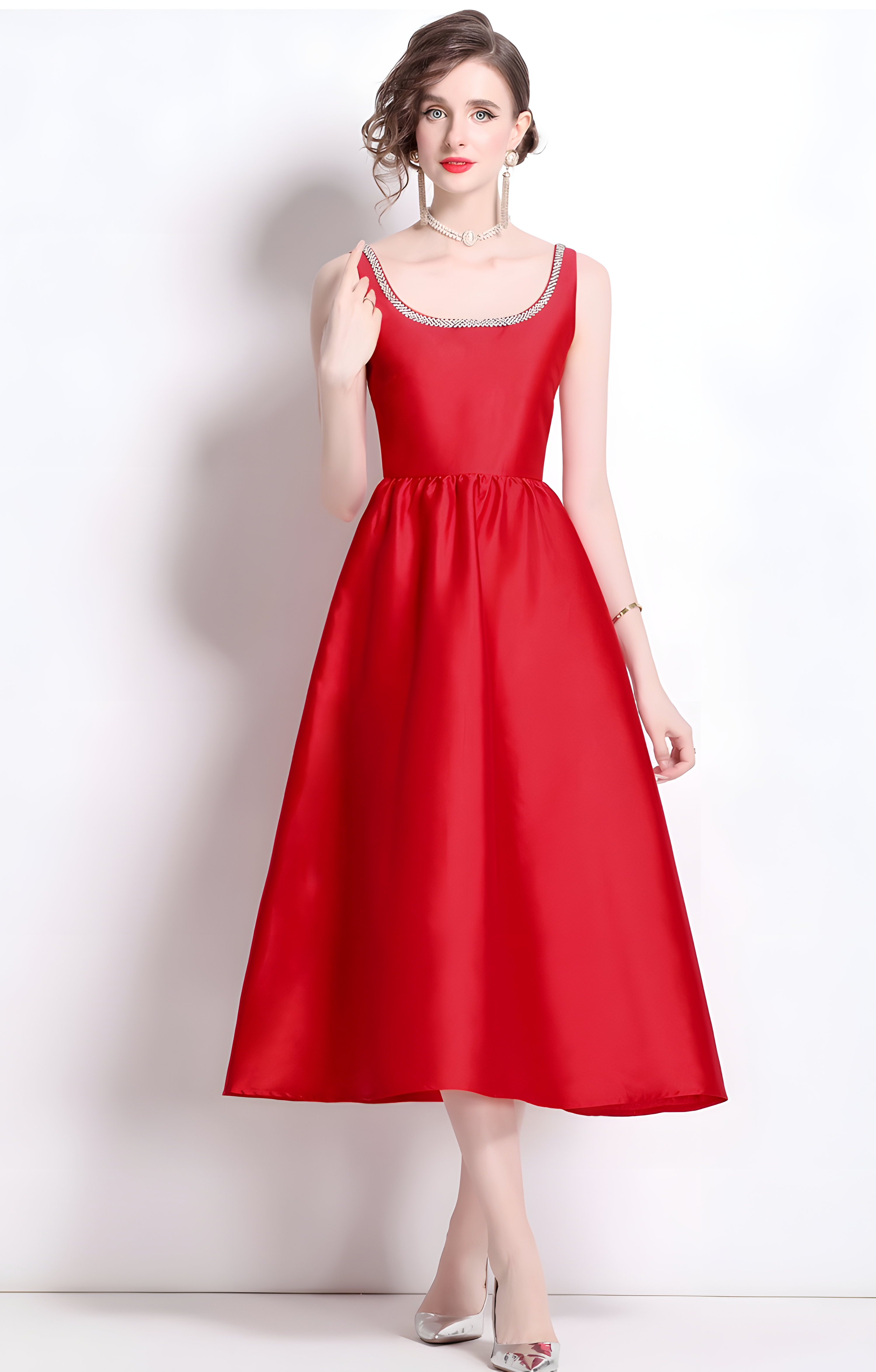 Fitted Vest Armhole Dart Red Satin Dress With Jewel Embellished Neckline - 816757242555_BAS